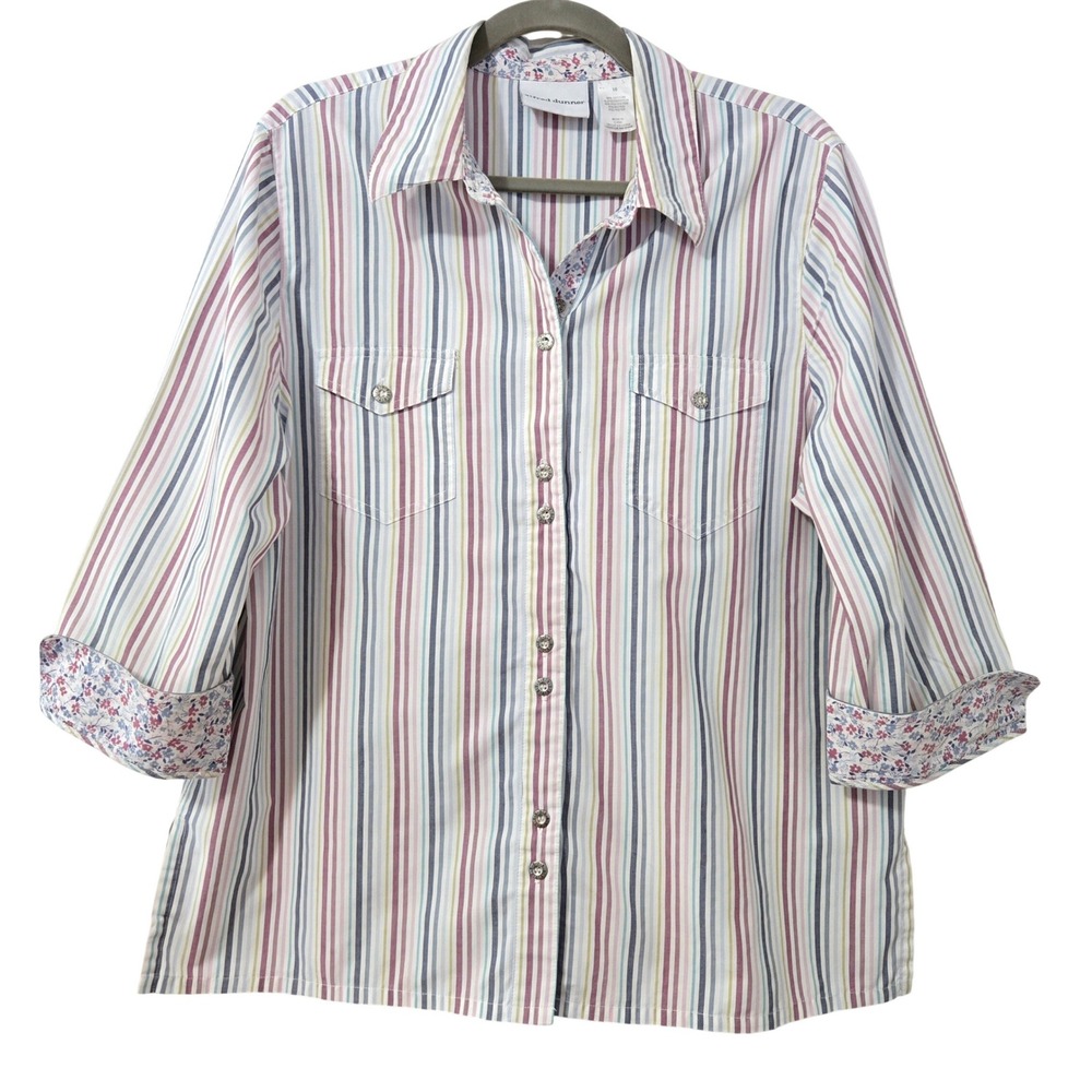 Alfred Dunner Womens Multi Color Striped Button Down Shirt Floral Cuffs Size 16